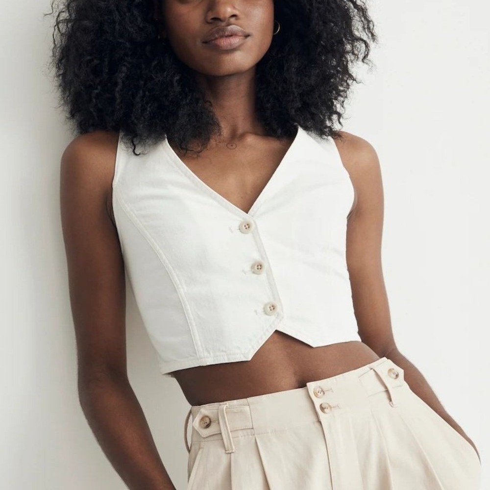 Madewell Katrina Denim Crop Vest Top White Minimalist Boho Button Front Cotton 0